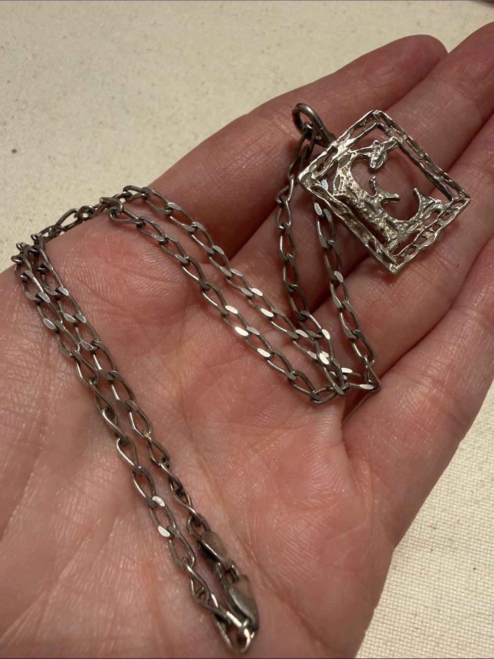 Sterling Silver 925 Italy Square E Pendant Necklace 15.5’ in chain